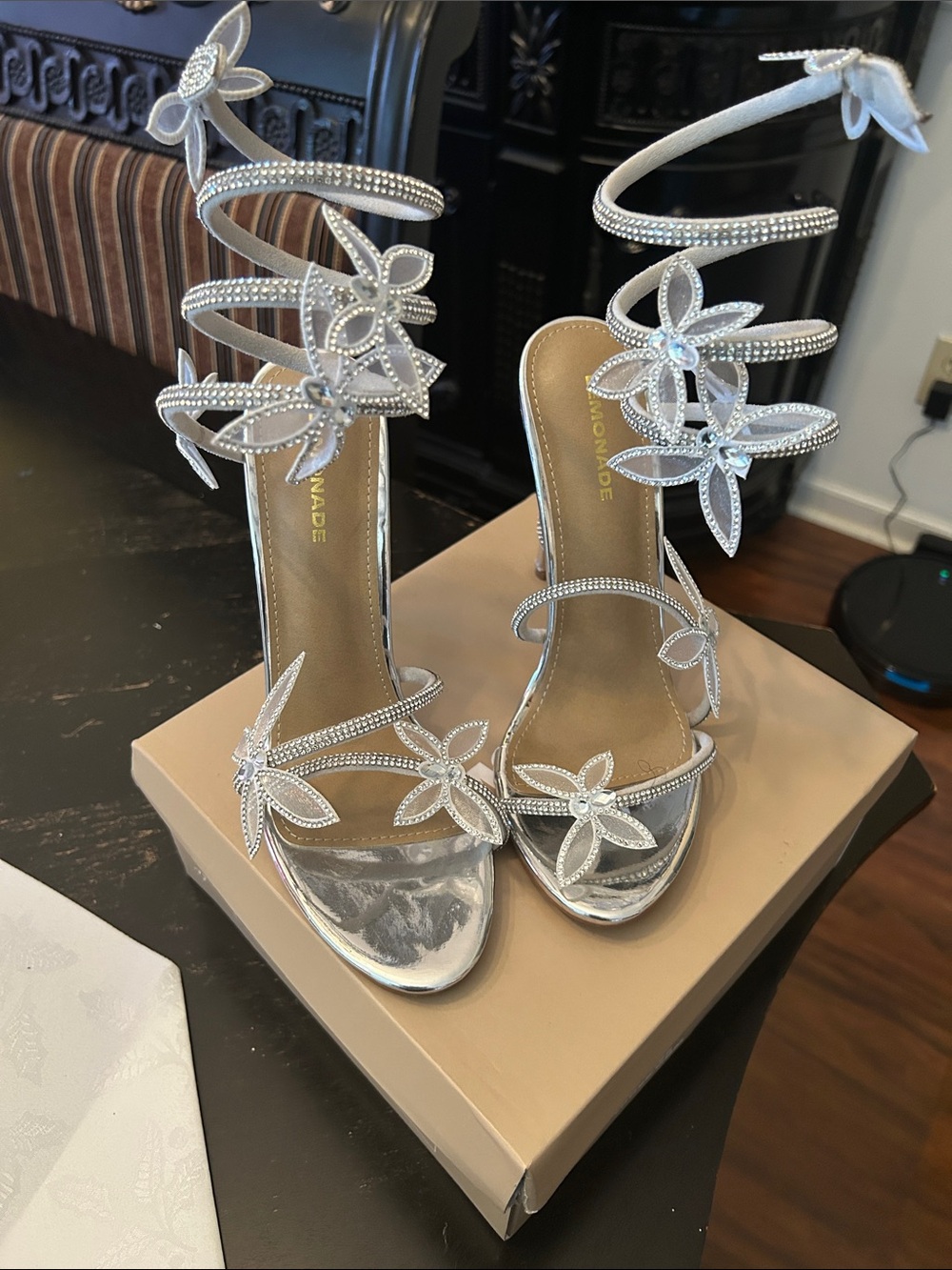 Lemonade Silver Floral Crystal Wrap-Ankle Heels